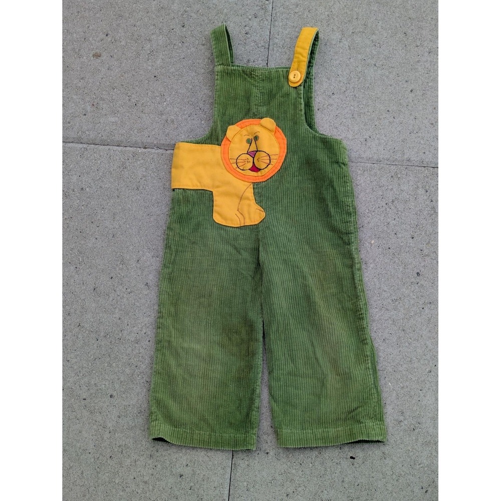 VTG Corduroy Overalls Kids 2T Green Lion Button Strap Play Pants Outfit Rare 70s